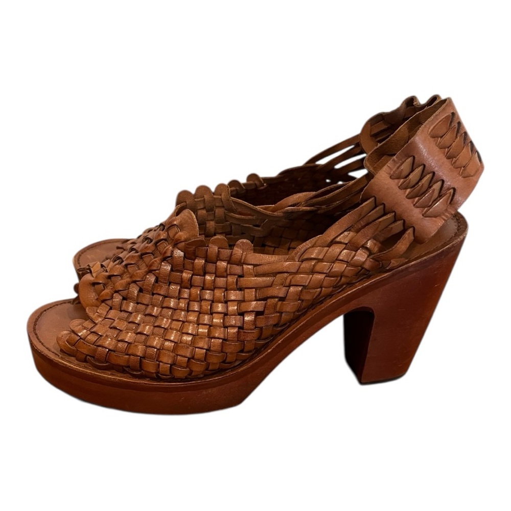 Jeffery Campbell Almah woven platform block heel sandals in cognac size 9